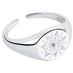 Unisex White Gold Plated S925 Diamond Signet Sun Ring, Adjustable